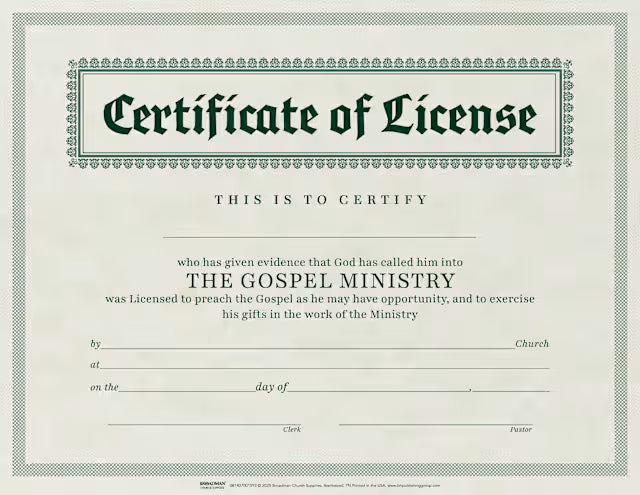 Certificate of License for Minister – Parchment | 8.5″×11″ Flat | Pack of 6