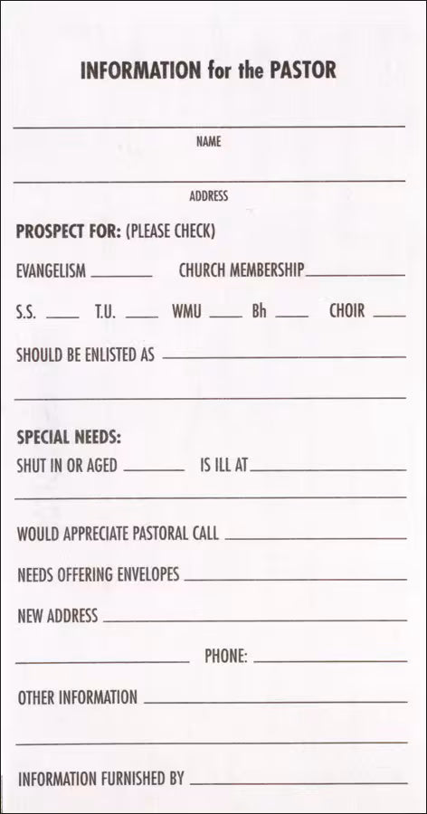 Guest Card – Information for the Pastor | Standard Pack of 100