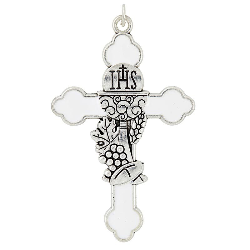 White Enamel First Communion Medal by Catholic Brands
