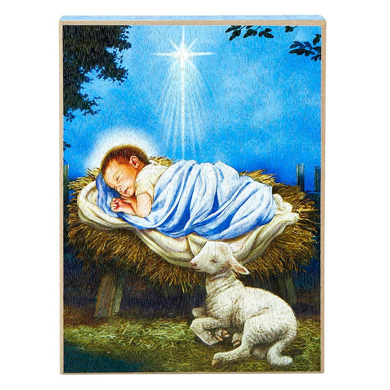 Baby Jesus with Lamb Nativity Box Sign, one of the items in the Michael Adams Nativity Box Sign Pair: Baby Jesus with Lamb and Holy Family. A photograph of the assembled set is pending.