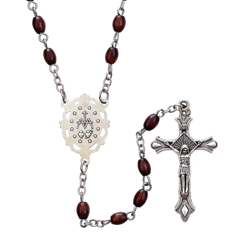 Brown Oval Bead Rosary | Wood with Antique Silver Accents | Pack of 12 by Christian Brands, product view 3