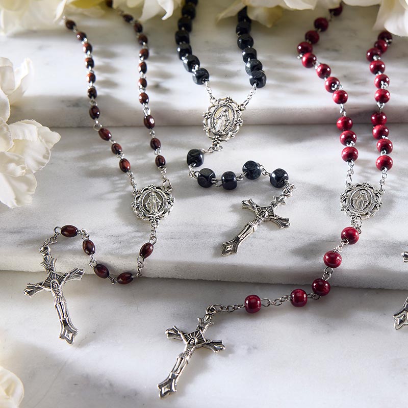 Maroon Round Bead Rosary | Wood with Antique Silver Accents by Christian Brands, product view 4