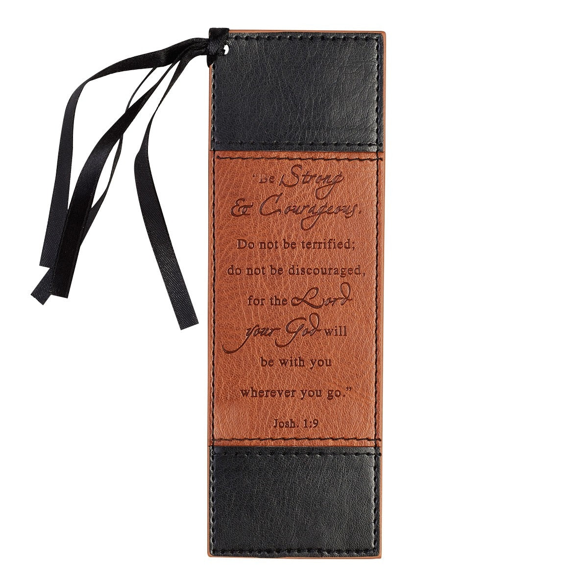 Strong & Courageous Black and Tan Faux Leather Bookmark - Joshua 1:9 by Christian Art Gifts
