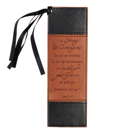 Strong & Courageous Black and Tan Faux Leather Bookmark - Joshua 1:9 by Christian Art Gifts