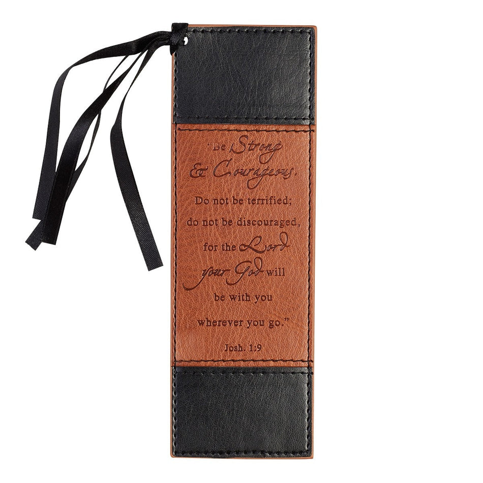 Strong & Courageous Black and Tan Faux Leather Bookmark - Joshua 1:9 by Christian Art Gifts