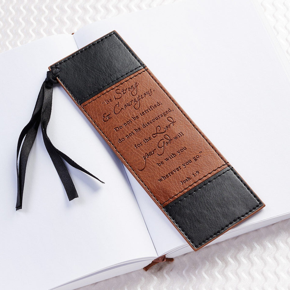 Strong & Courageous Black and Tan Faux Leather Bookmark - Joshua 1:9 by Christian Art Gifts, product view 2