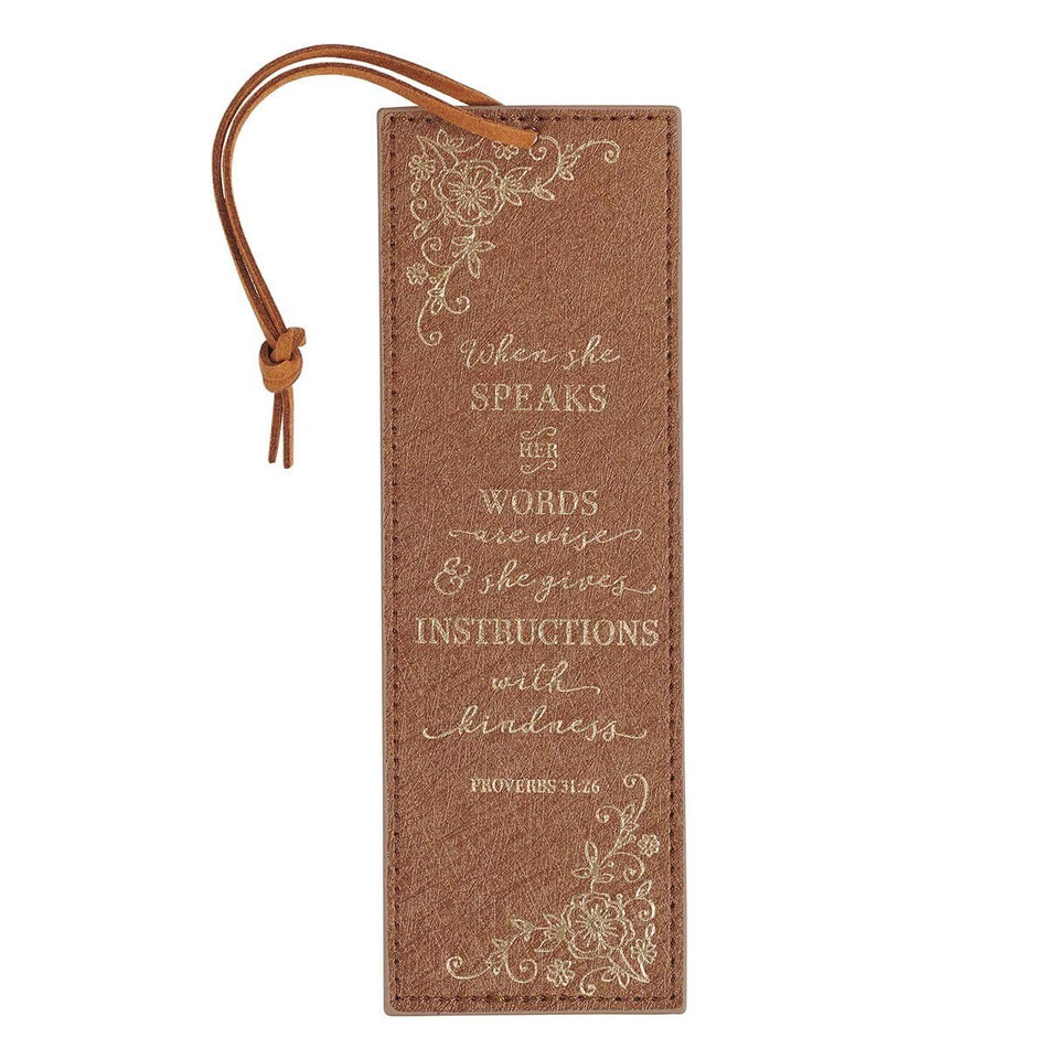 When She Speaks Faux Leather Bookmark - Proverbs 31:26