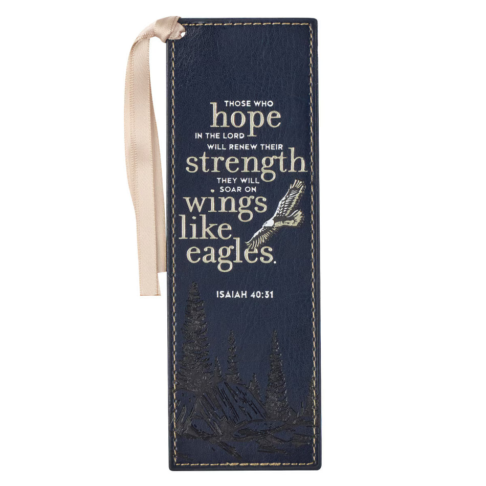 On Eagle's Wings Navy Blue Faux Leather Bookmark - Isaiah 40:31