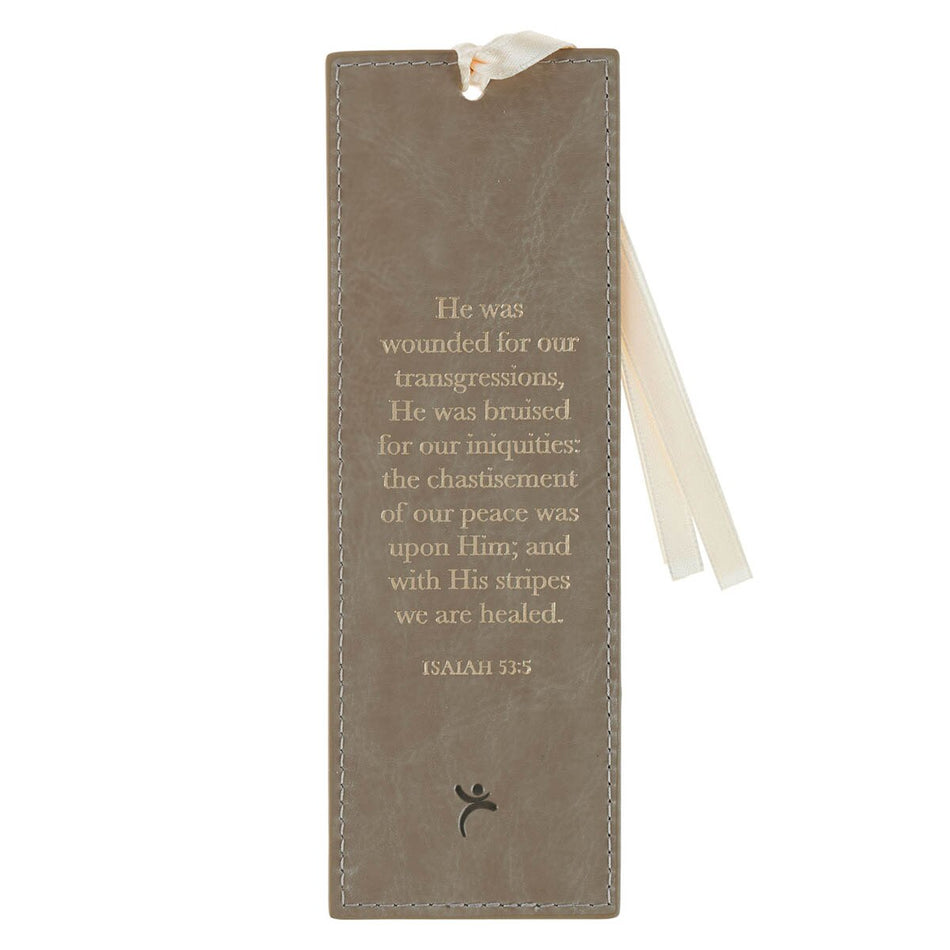 Amazing Grace Taupe Faux Leather Bookmark - Isiah 53:5 by Christian Art Gifts, product view 2