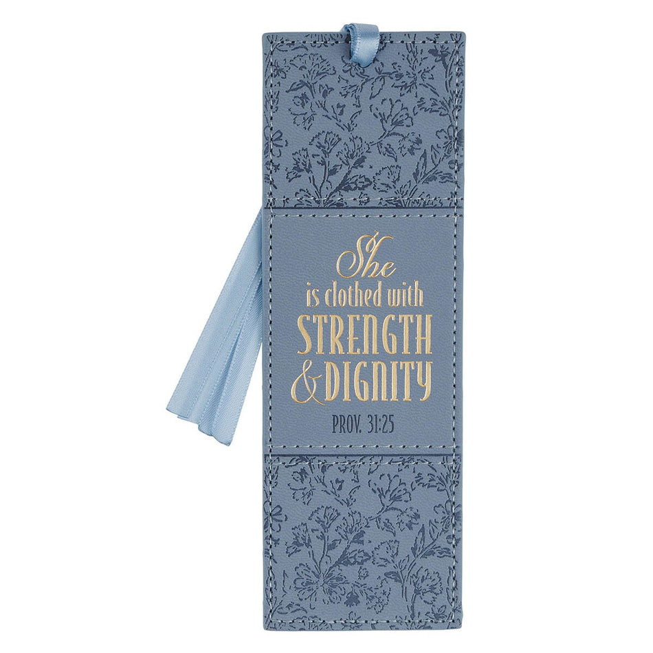 Strength and Dignity Blue Cottage Garden Faux Leather Bookmark - Proverbs 31:25 by Christian Art Gifts