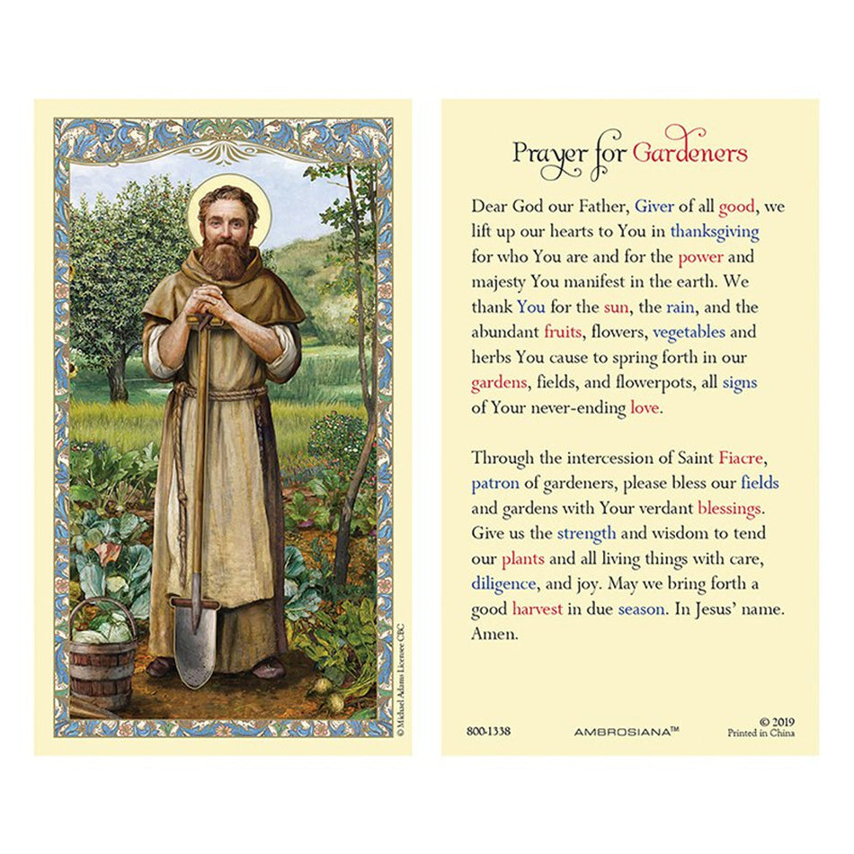 Saint Fiacre Laminated Holy Card | Beautiful Gold‑Foil Border, Durable | Set of 25