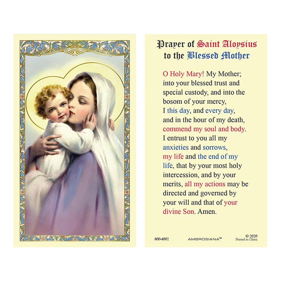 Madonna & Child Laminated Holy Card | Prayer of St. Aloysius to the Blessed Mother – Pack of 25