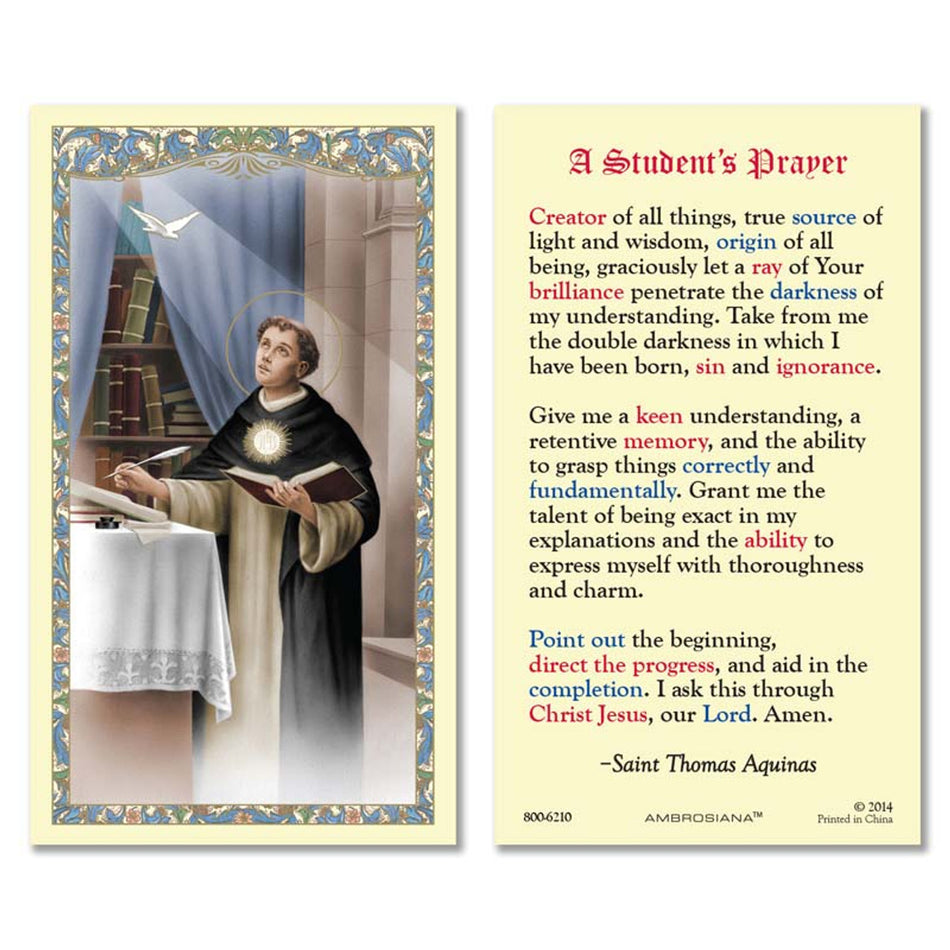 Saint Thomas Aquinas Laminated Holy Card | “A Student’s Prayer” – Pack of 25