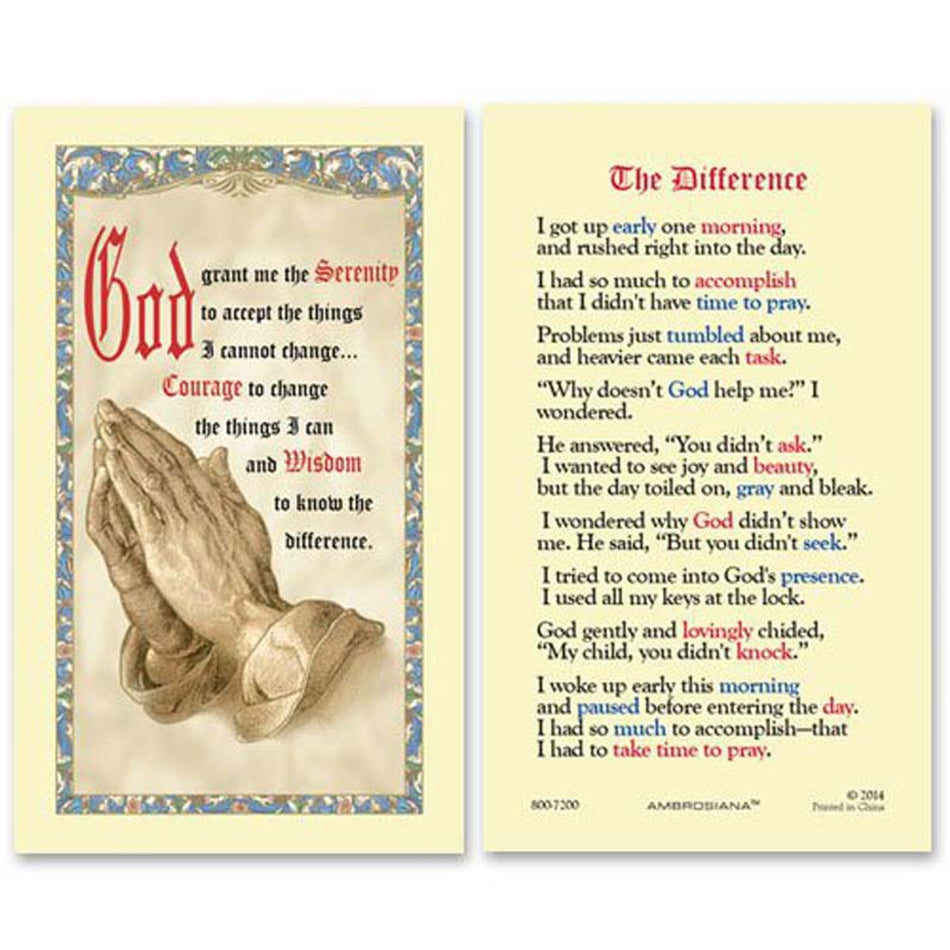 Serenity Prayer Laminated Holy Card | The Difference Poem – Pack of 25