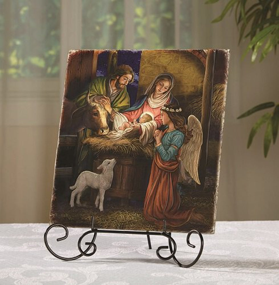 Square Tile Plaque with Stand - Away in a Manger