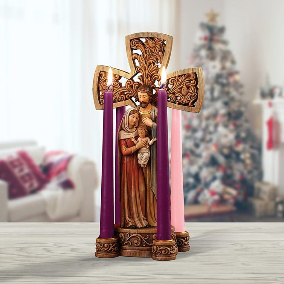 Holy Family Advent Wreath | 14-Inch Stone Resin | Candleholder for Advent Season