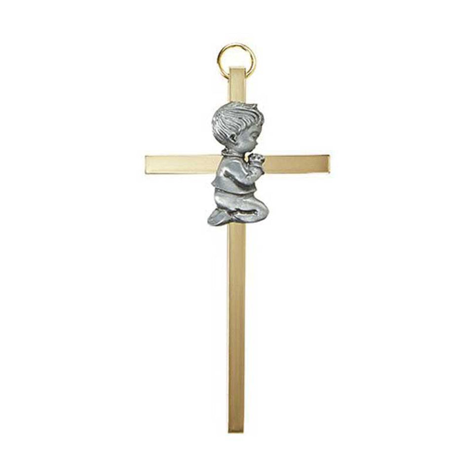 4.25″ Brass Cross with Emblem – Baby Boy | Gold-Plated Baptism Gift