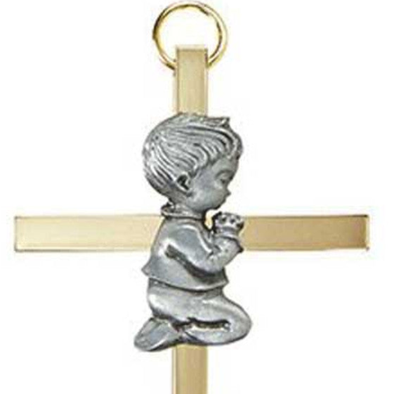 4.25″ Brass Cross with Emblem – Baby Boy | Gold-Plated Baptism Gift