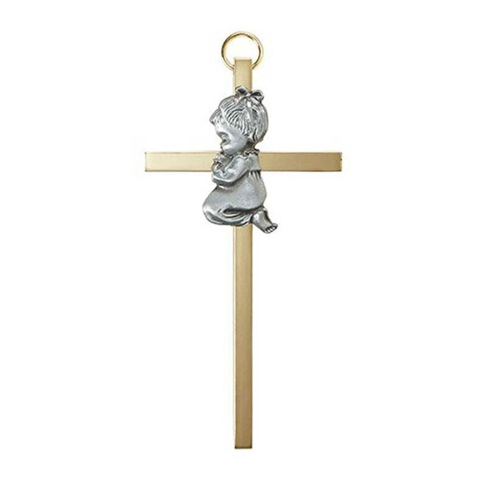 4.25″ Brass Cross with Emblem – Baby Girl | Gold-Plated Baptism Keepsake