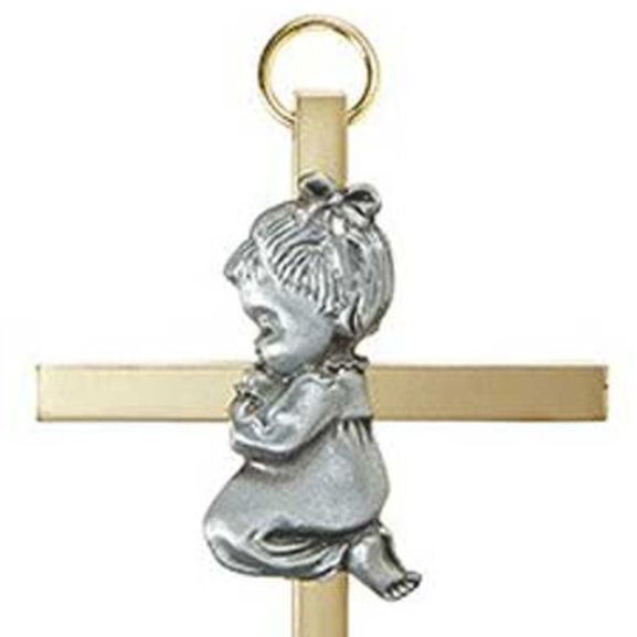 4.25″ Brass Cross with Emblem – Baby Girl | Gold-Plated Baptism Keepsake