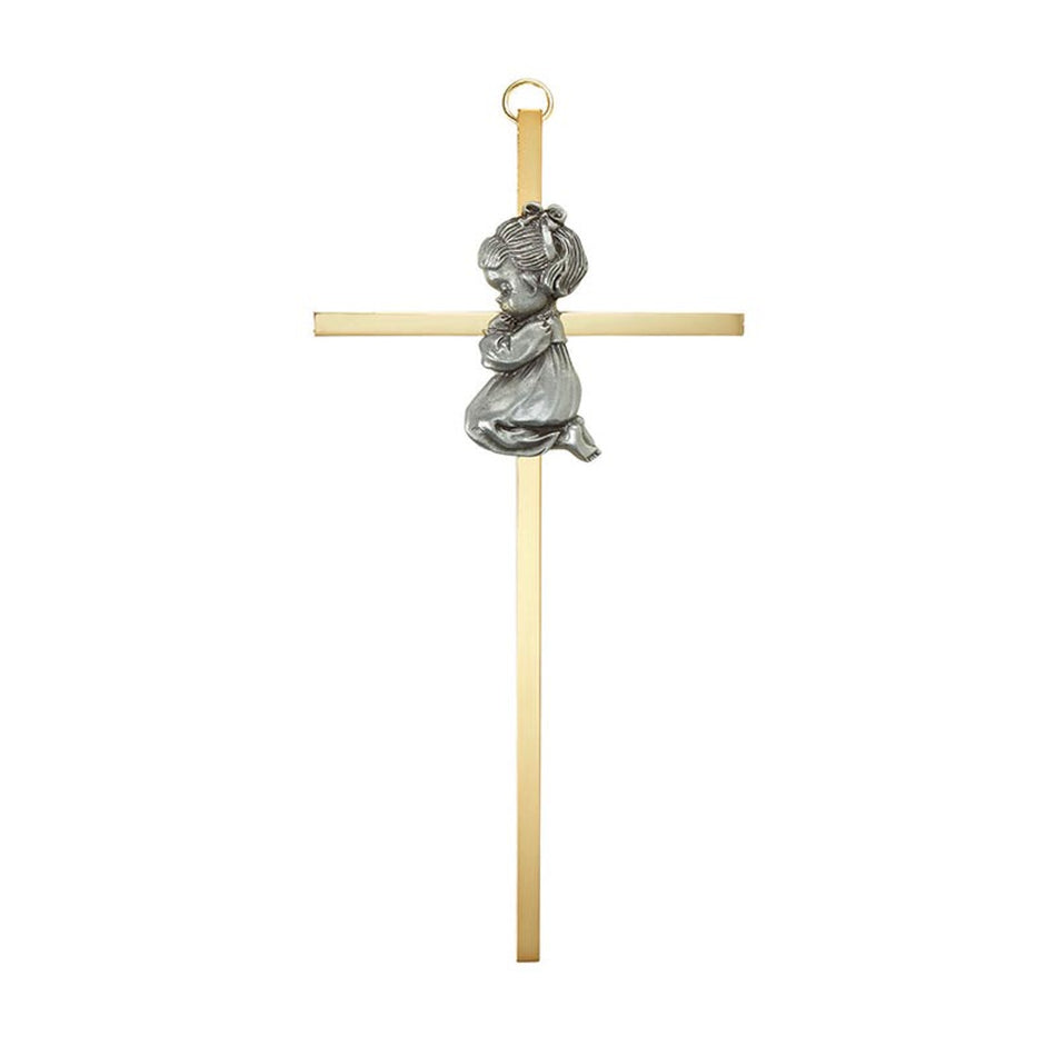 7″ Brass Cross with Emblem – Baby Girl | Gold-Plated Baptism Keepsake