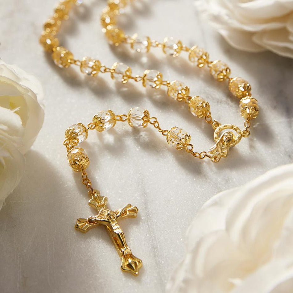 Basilica Collection – Clear Rosary | Elegant Gold-Plated Design | Individual or Pack of 4