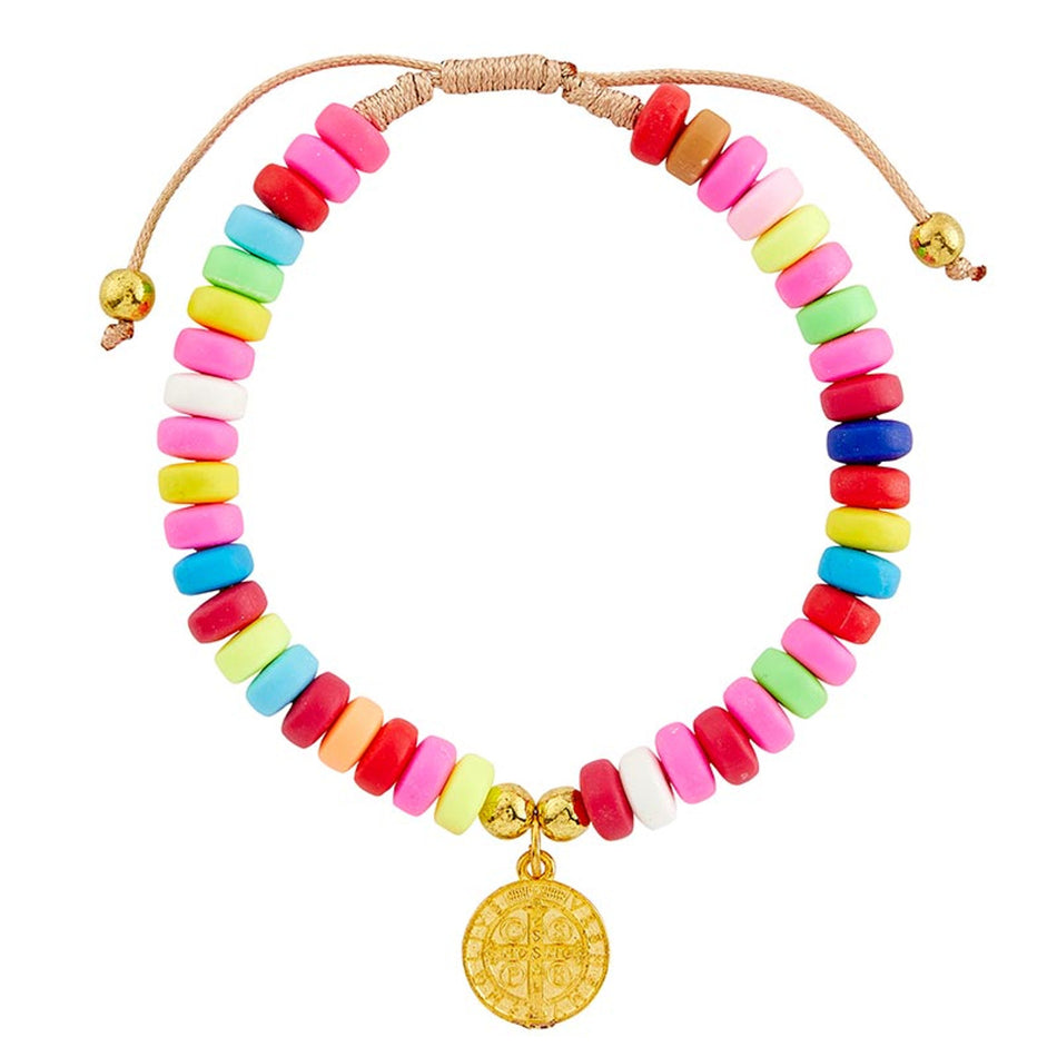 Multicolor Saint Benedict Bracelet | Clay Beads & Gold-Plated Medal | Individual or Pack of 6