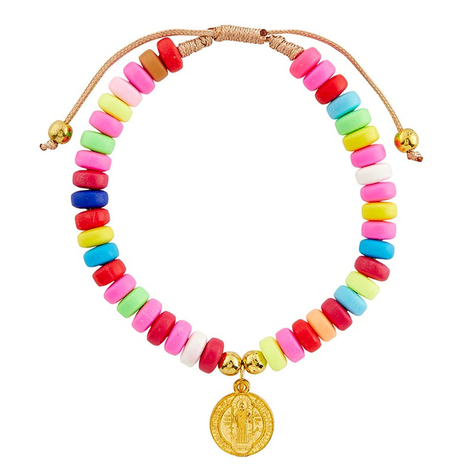 Multicolor Saint Benedict Bracelet | Clay Beads & Gold-Plated Medal | Individual or Pack of 6