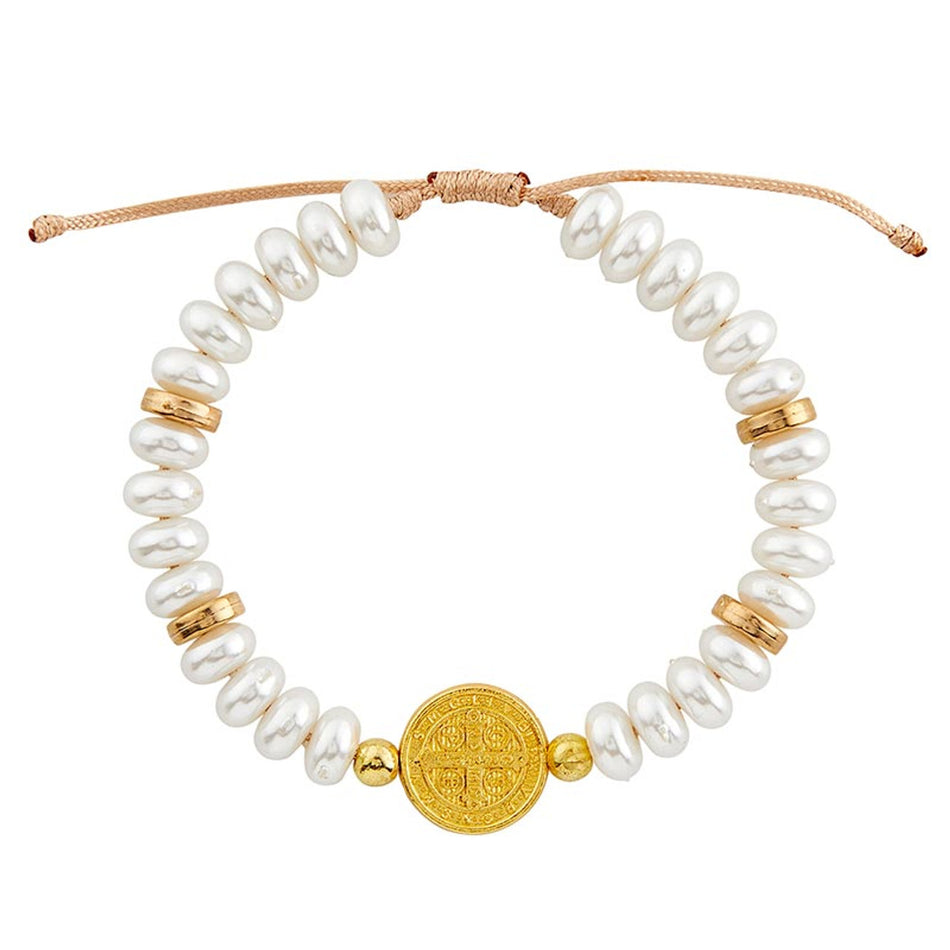 Pearl Saint Benedict Bracelet | Imitation Pearls & Gold-Plated Medal | Individual or Pack of 6