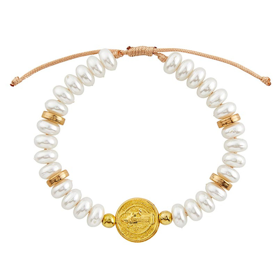 Pearl Saint Benedict Bracelet | Imitation Pearls & Gold-Plated Medal | Individual or Pack of 6