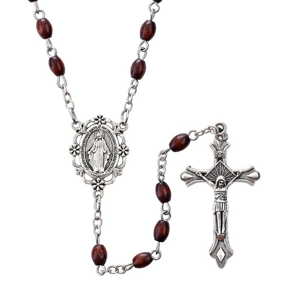 Brown Oval Bead Rosary | Wood with Antique Silver Accents | Pack of 12