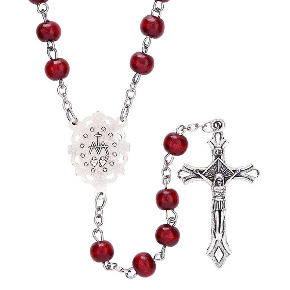 Maroon Round Bead Rosary | Wood with Antique Silver Accents | Pack of 12