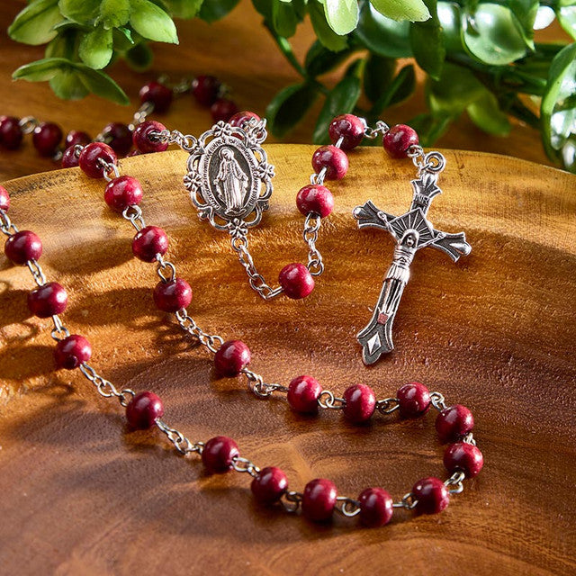 Maroon Round Bead Rosary | Wood with Antique Silver Accents | Pack of 12