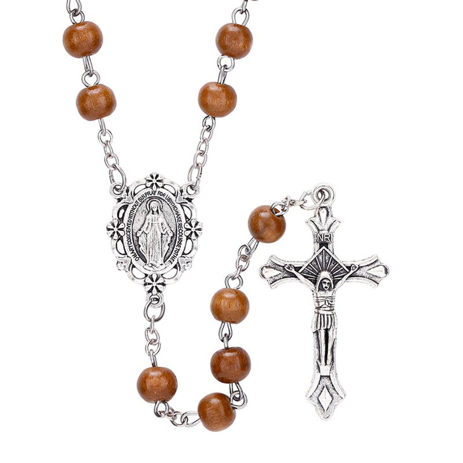 Brown Round Bead Rosary | Wood with Antique Silver Accents | Pack of 12