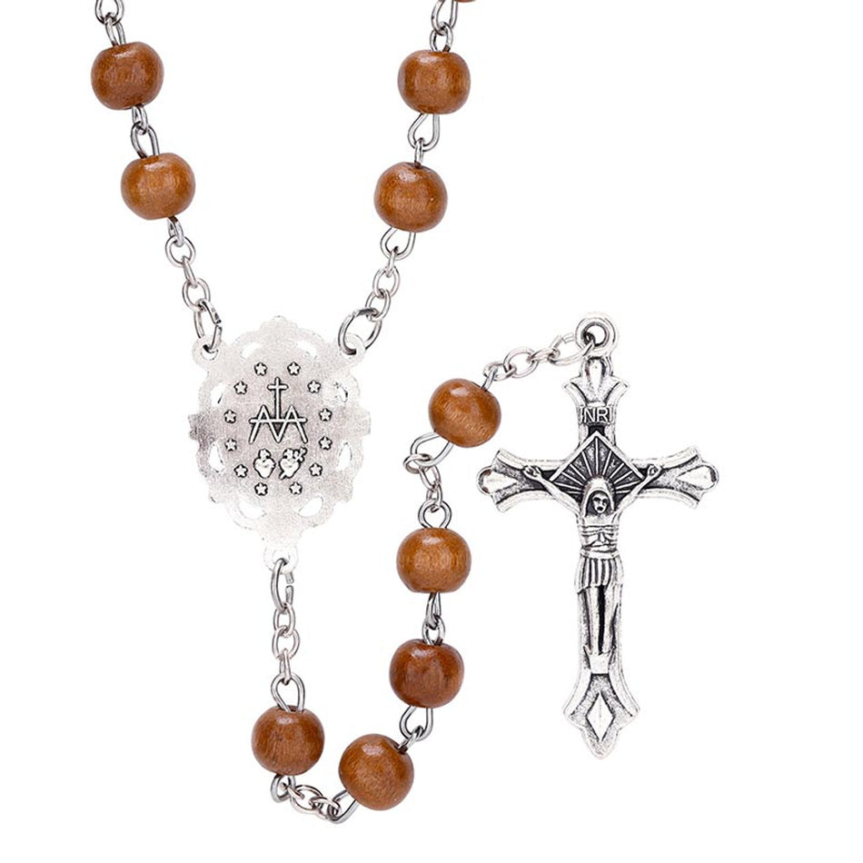 Brown Round Bead Rosary | Wood with Antique Silver Accents | Pack of 12