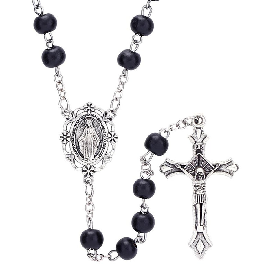 Black Round Bead Rosary | Wood with Antique Silver Accents | Pack of 12