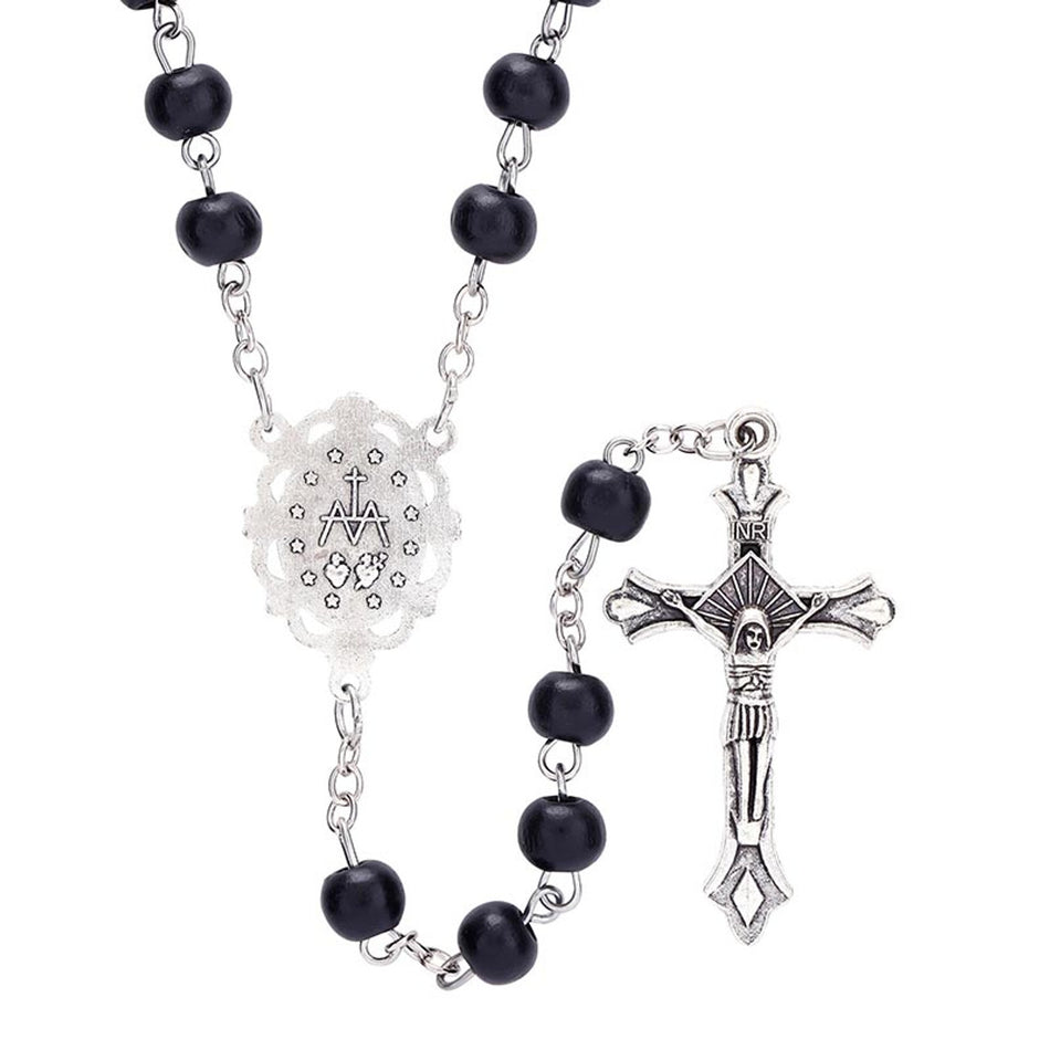 Black Round Bead Rosary | Wood with Antique Silver Accents | Pack of 12