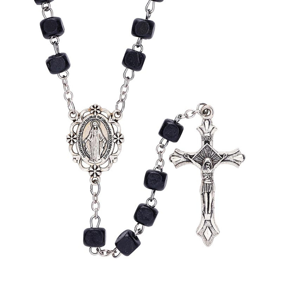 Square Black Bead Rosary | Wood with Antique Silver Accents | Pack of 12