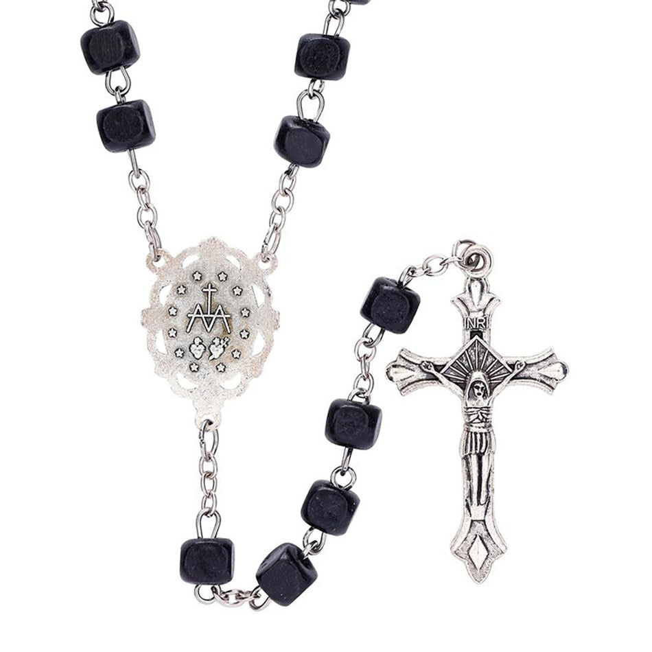 Square Black Bead Rosary | Wood with Antique Silver Accents | Pack of 12
