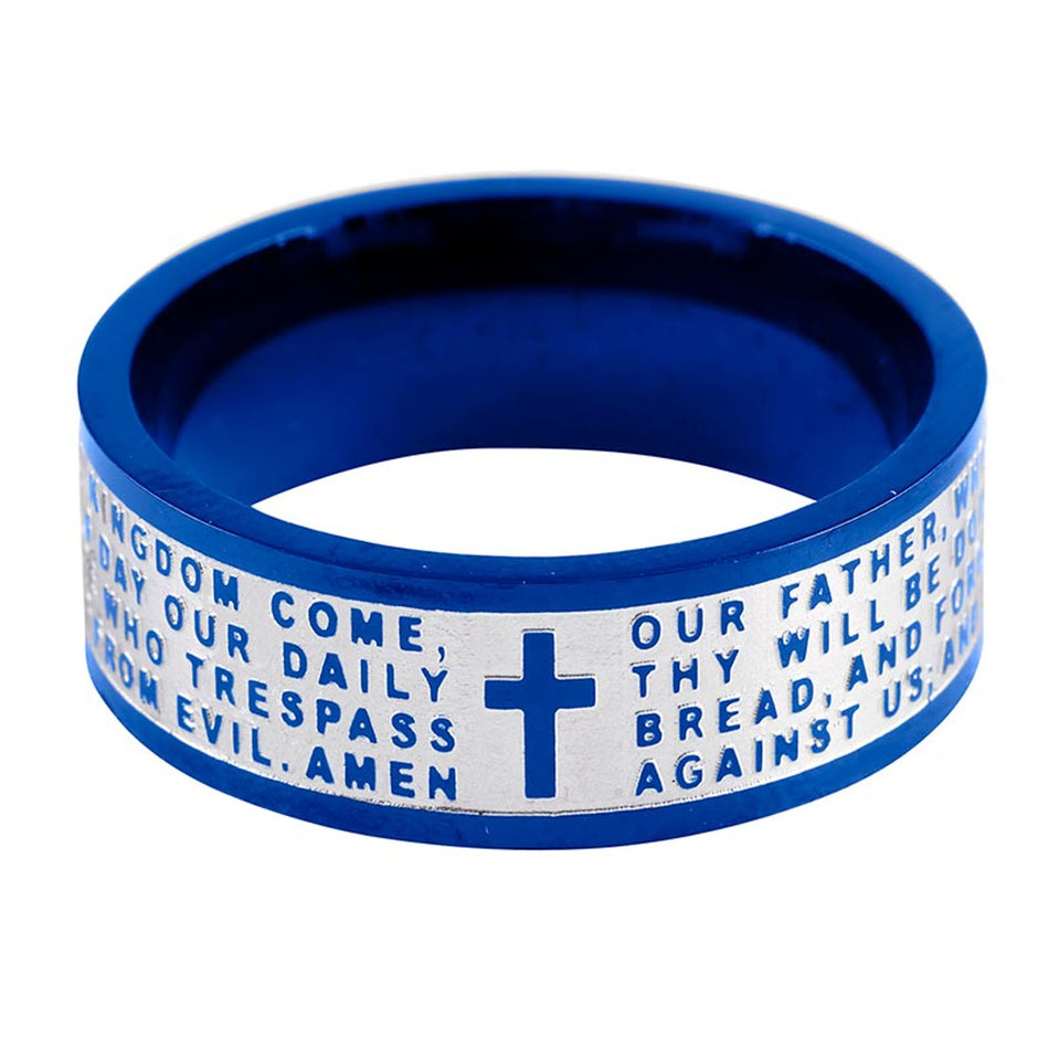 Our Father Prayer Stainless Steel Lasered Ring – Blue | Pack of 36 | Assorted Sizes