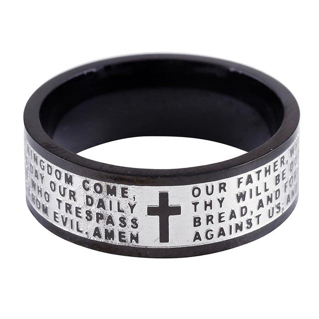 Our Father Prayer Stainless Steel Lasered Ring – Black | Pack of 36 | Assorted Sizes