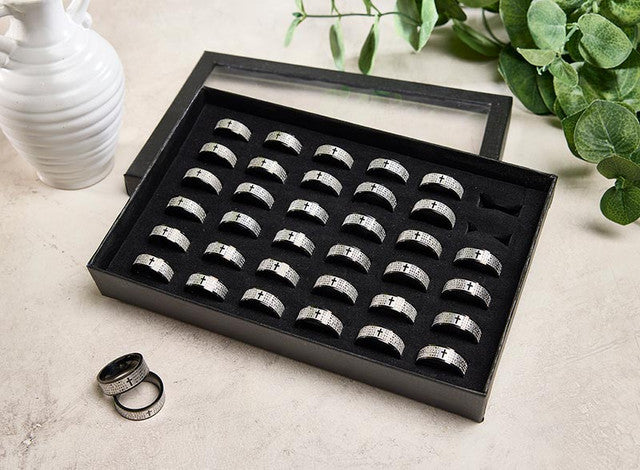 Our Father Prayer Stainless Steel Lasered Ring – Black | Pack of 36 | Assorted Sizes