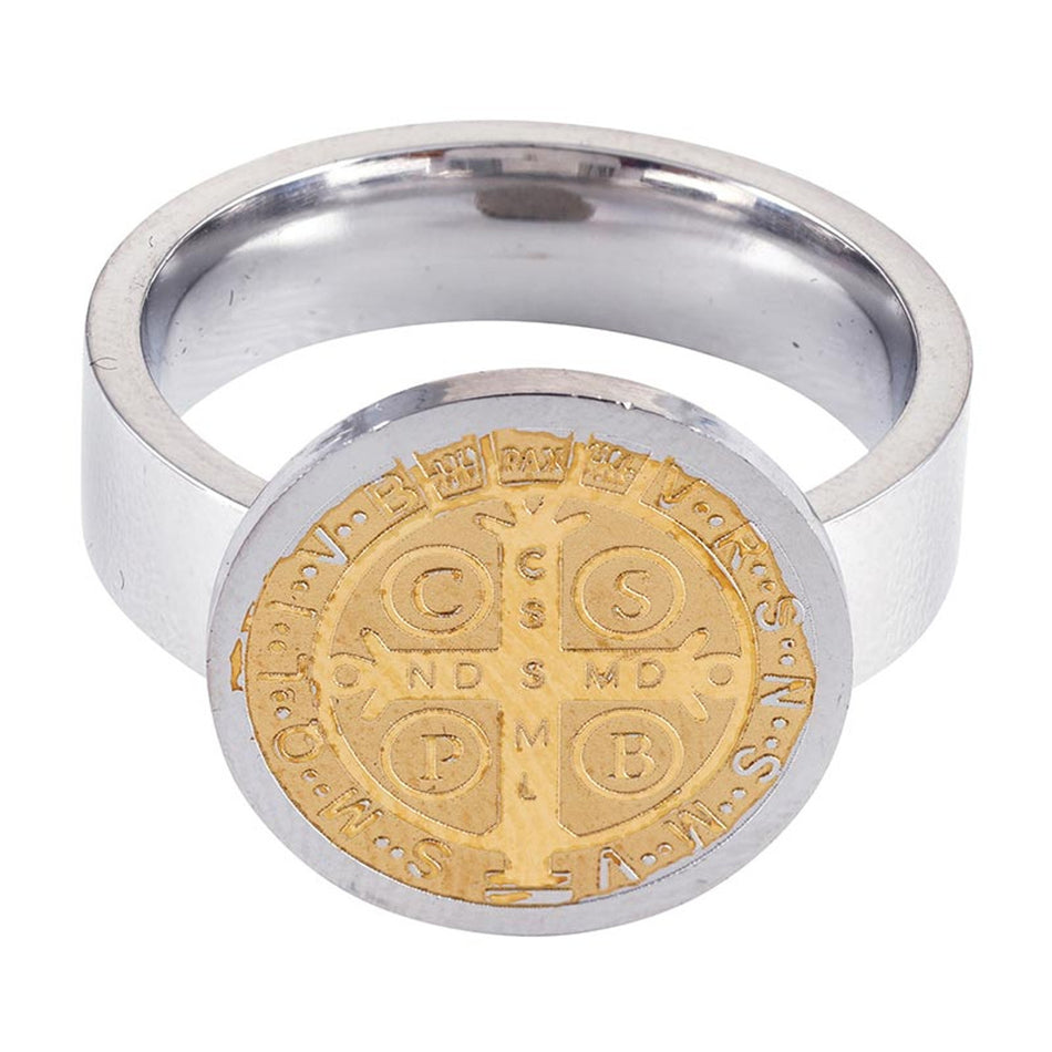 Saint Benedict Stainless Steel Lasered Ring | Two-Tone Design | Pack of 36 | Assorted Sizes