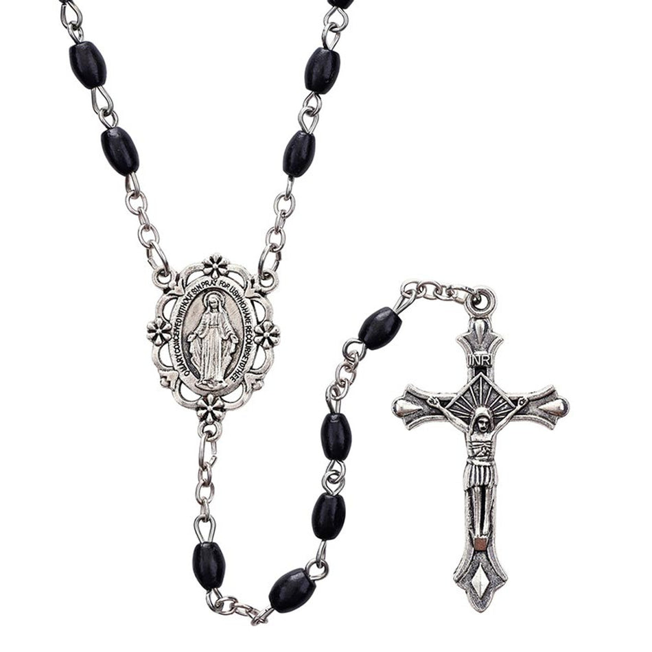 Black Oval Bead Rosary | Wood with Antique Silver Accents | Pack of 12