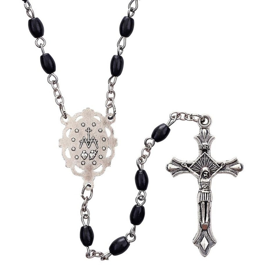 Black Oval Bead Rosary | Wood with Antique Silver Accents | Pack of 12