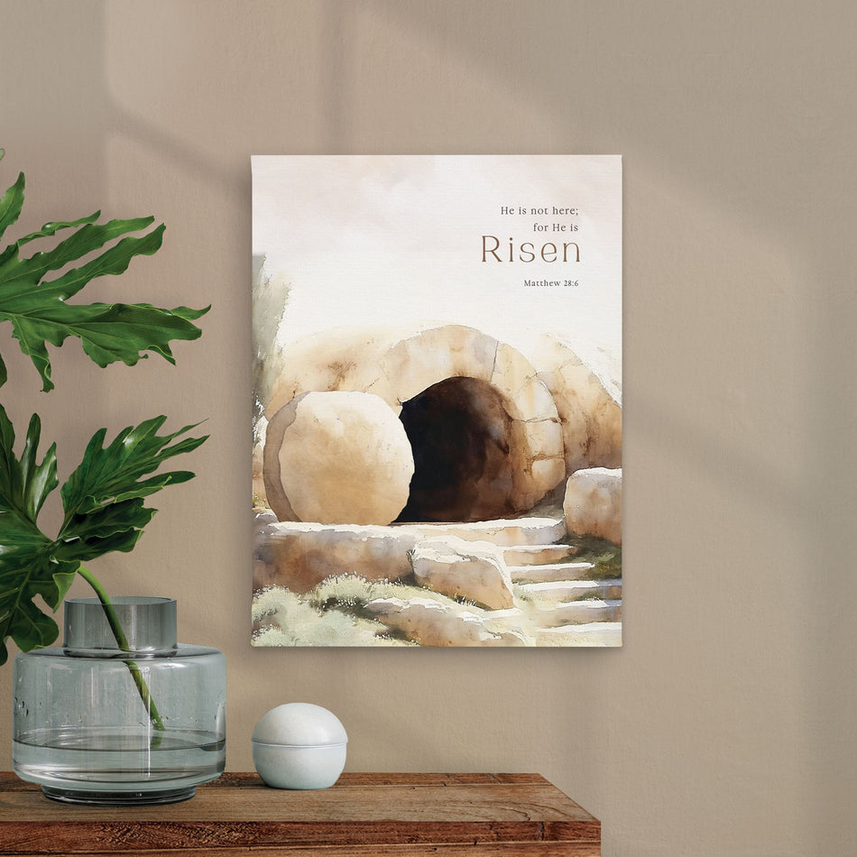 He Is Risen Collection Canvas – He Is Not Here | 12″ × 15.75″ Canvas on MDF | Individual or Case of 4