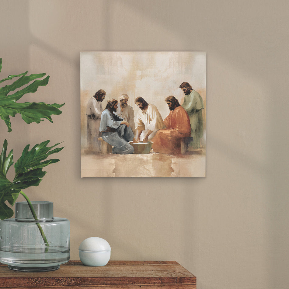 He Is Risen Collection Canvas - Jesus Washing | 5″ × 7″ Canvas & MDF | Individual or Case of 4