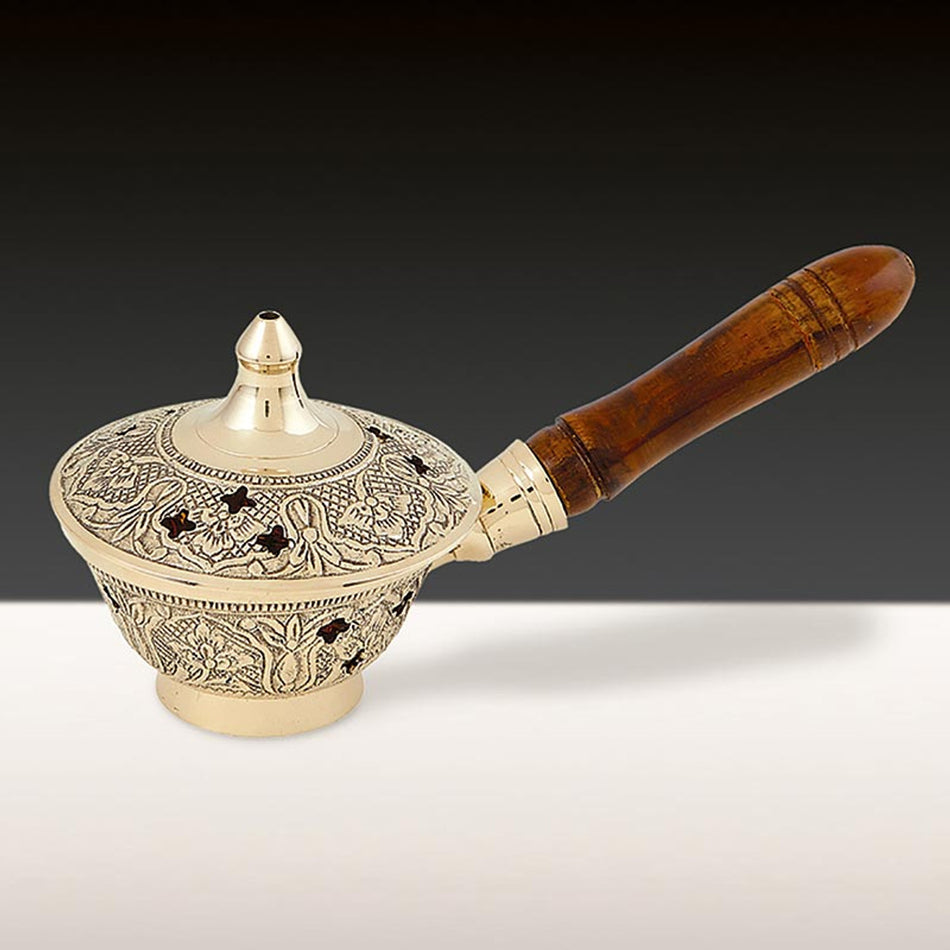 Ornate Incense Burner with Wood Handle | 7 Inch