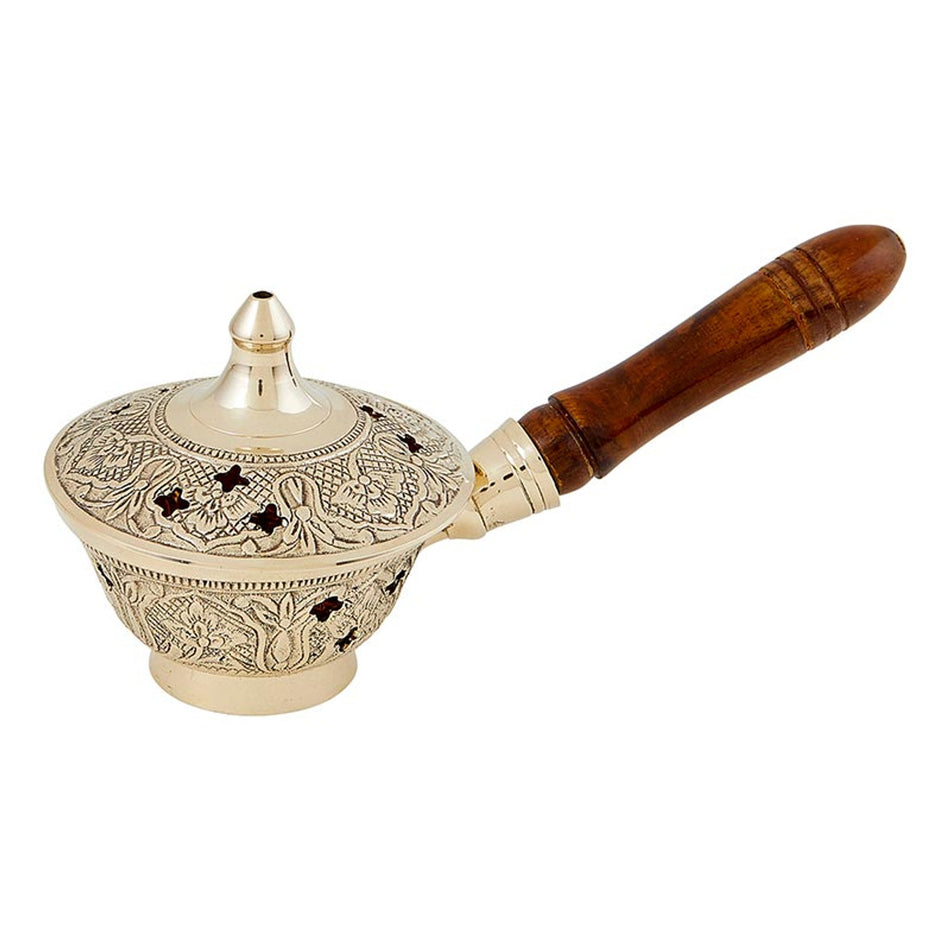 Ornate Incense Burner with Wood Handle | 7 Inch