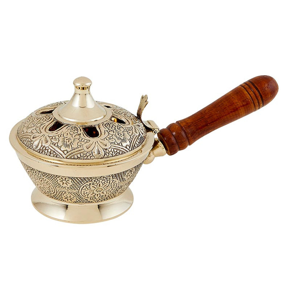 Ornate Incense Burner with Wood Handle | 8 Inch